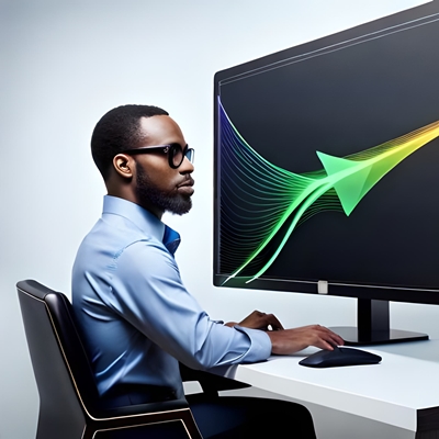 Um apostador em frente a uma tela com uma seta ascendente, representando seu saldo