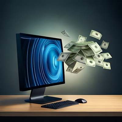 Notas de banco a sair de um ecrã de computador